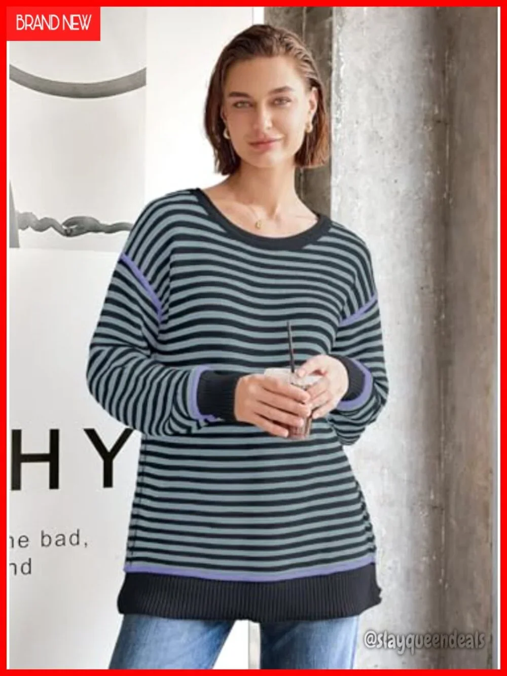 Striped Oversized Chunky Cable Knit Pullover Sweater Boat Neck Long Sleeve